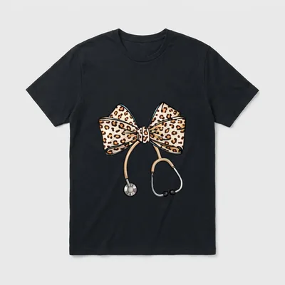 Coquette Nurse Stethoscope Leopard Bow Aesthetic T-Shirt – Classic T-Shirt in Black