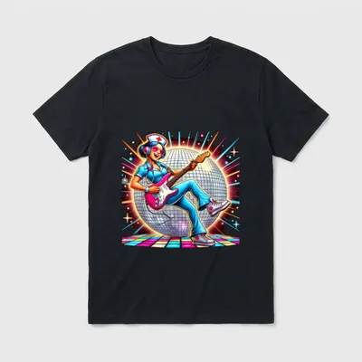 Aesthetic Nurse Disco T-Shirt – Nurse playing electric guitar beside disco ball on dance floor – Classic T-Shirt in Black