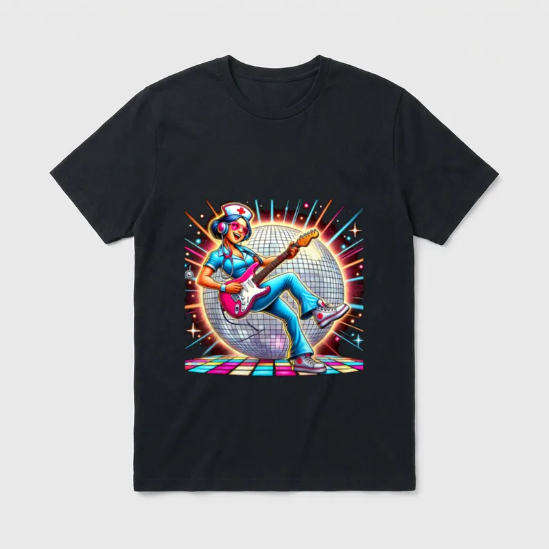 Aesthetic Nurse Disco T-Shirt – Nurse playing electric guitar beside disco ball on dance floor – Classic T-Shirt in Black