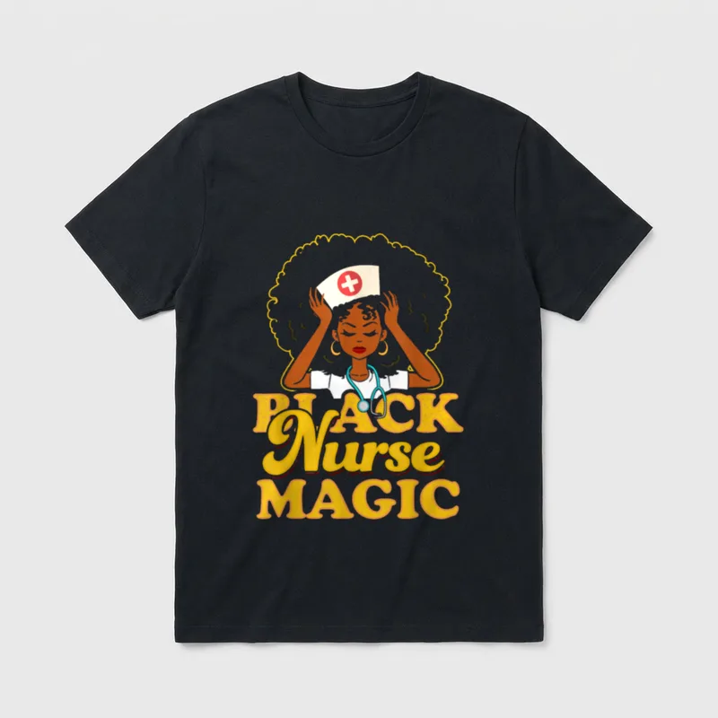 Black Nurse Magic Shirt – Afro nurse with stethoscope and cap above words BLACK Nurse MAGIC – Classic T-Shirt in Black