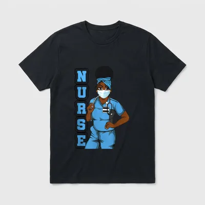 Black Nurse Uniform Face Mask Afro T-Shirt – Nurse in blue scrubs, face mask, and bold lettering – Classic T-Shirt in Black