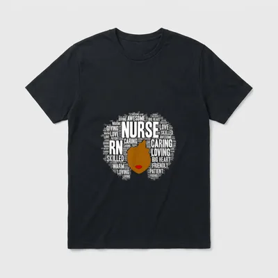RN Nurse Afro Word Art T-Shirt – NURSE and RN word art in an afro silhouette with red lips – Classic T-Shirt in Black