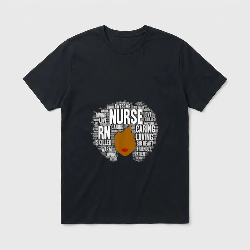RN Nurse Afro Word Art T-Shirt – NURSE and RN word art in an afro silhouette with red lips – Classic T-Shirt in Black