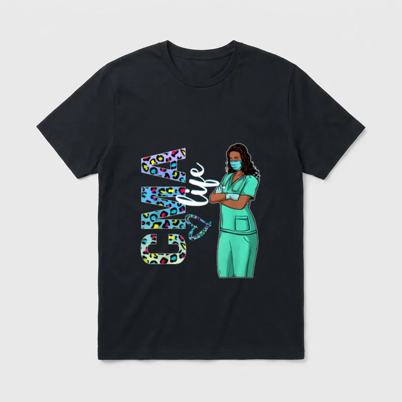 Black Nurse Uniform Afro African CMA T-Shirt – CMA life printed text with leopard pattern heart – Classic T-Shirt in Black