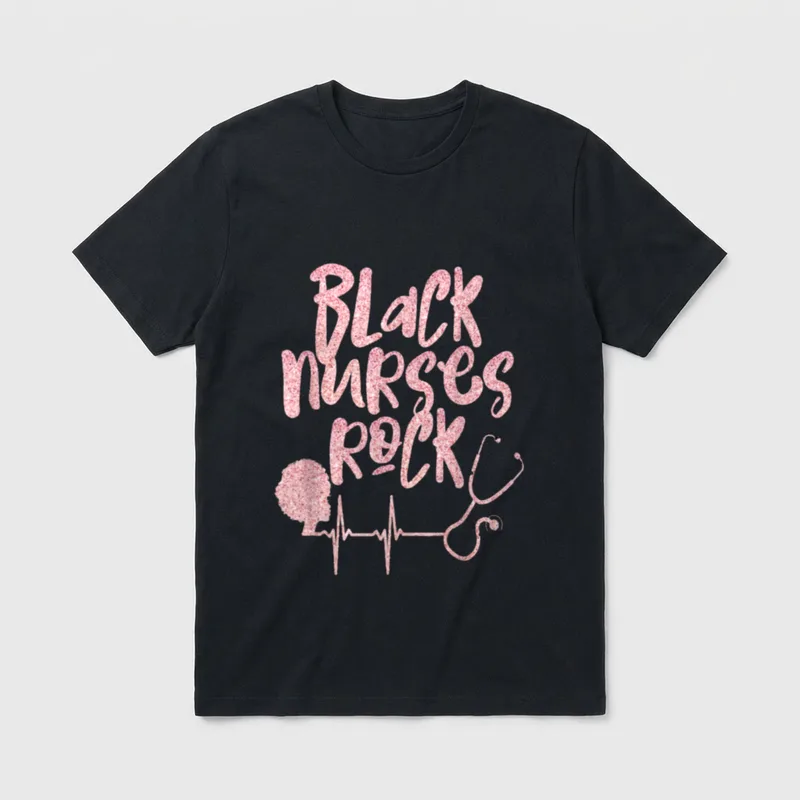 Black Nurses Heartbeat T-Shirt – Pink glitter “Black nurses ROCK” text with afro and stethoscope – Classic T-Shirt in Black