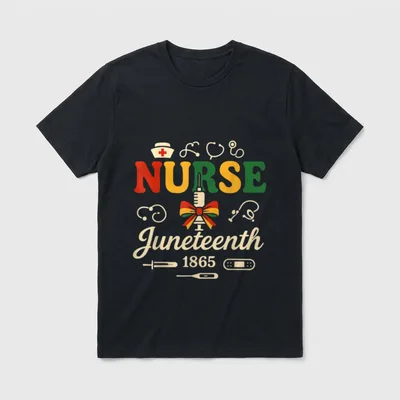 Juneteenth Nurse T-Shirt – NURSE Juneteenth 1865 lettering with medical icons – Classic T-Shirt in Black