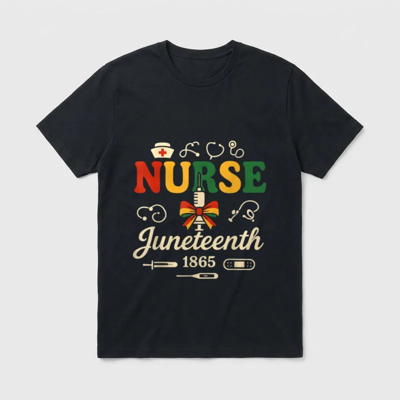 Juneteenth Nurse T-Shirt – NURSE Juneteenth 1865 lettering with medical icons – Classic T-Shirt in Black
