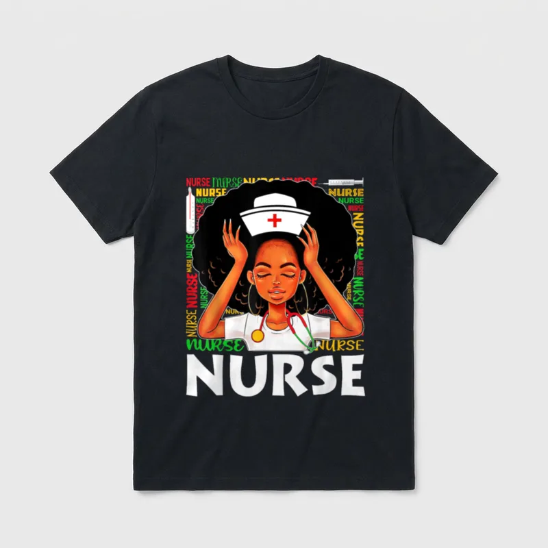 Black Nurse Afro Juneteenth History Month T-Shirt – Nurse with afro, stethoscope, cap, and syringe – Classic T-Shirt in Black