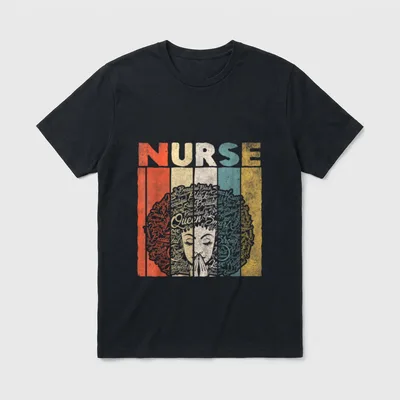 Black Nurse Retro T-Shirt – NURSE lettering over afro silhouette filled with Queen and Strong – Classic T-Shirt in Black