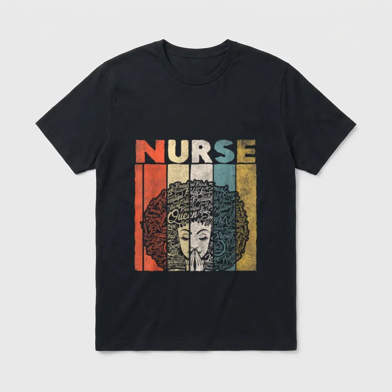 Black Nurse Retro T-Shirt – NURSE lettering over afro silhouette filled with Queen and Strong – Classic T-Shirt in Black