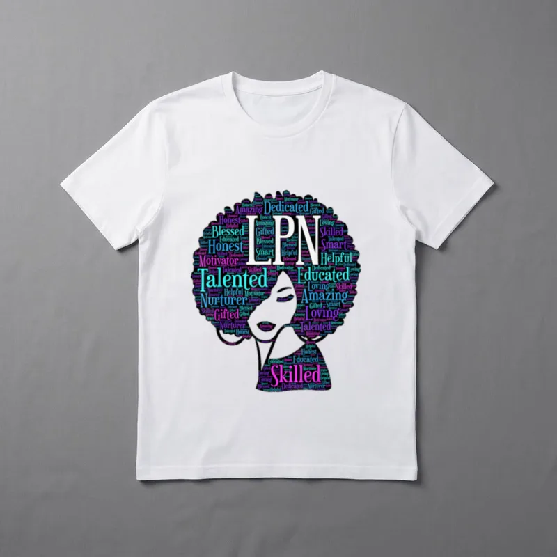 African American LPN Nurse Afro T-Shirt – Afro silhouette formed by LPN text and uplifting words – Classic T-Shirt in Black
