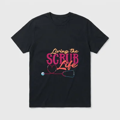 Stethoscope Nurse Life Heart T-Shirt – Living the SCRUB Life text above a heart-shaped stethoscope – Classic T-Shirt in Black