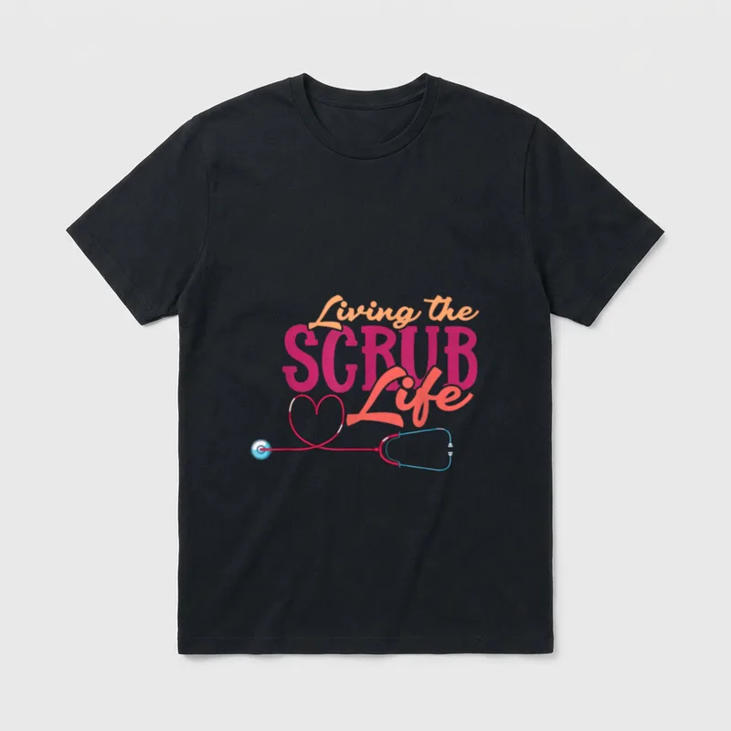 Stethoscope Nurse Life Heart T-Shirt – Living the SCRUB Life text above a heart-shaped stethoscope – Classic T-Shirt in Black