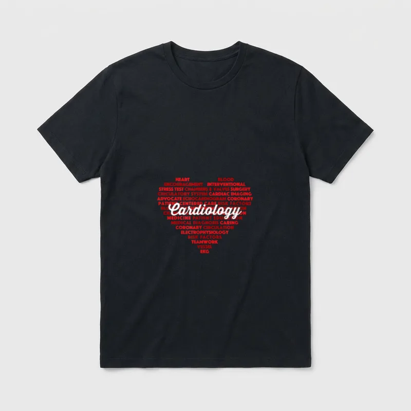Cardiac Nurse Cardiologist T-Shirt – Cardiology script over a red heart word cloud – Classic T-Shirt in Black
