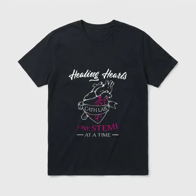Cath Lab Nurse T-Shirt – “Healing Hearts”, “CATH LAB”, and “ONE STEMI — AT A TIME —” – Classic T-Shirt in Black