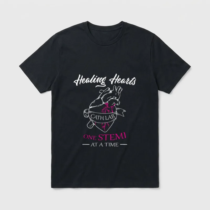 Cath Lab Nurse T-Shirt – “Healing Hearts”, “CATH LAB”, and “ONE STEMI — AT A TIME —” – Classic T-Shirt in Black