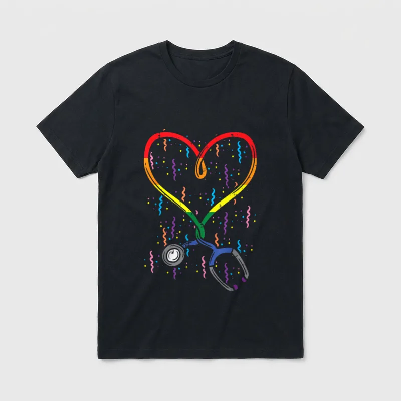 Rainbow Flag Stethoscope Heart Nurse RN T-Shirt – Classic T-Shirt in Black