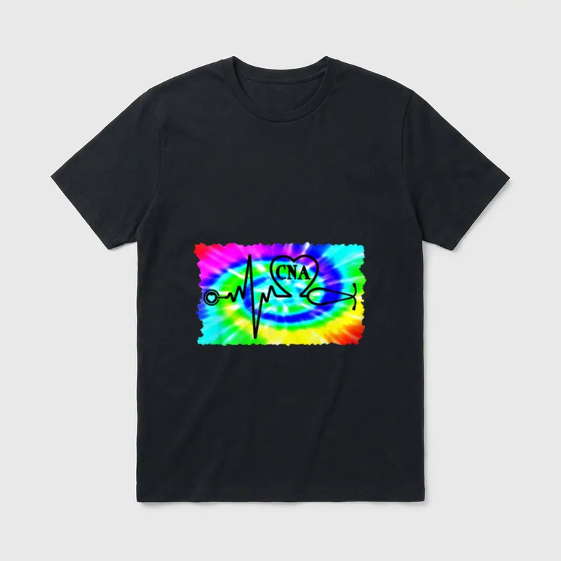 CNA Nurse Stethoscope EKG Heartbeat Love T-Shirt – CNA inside a stethoscope heart on tie-dye – Classic T-Shirt in Black
