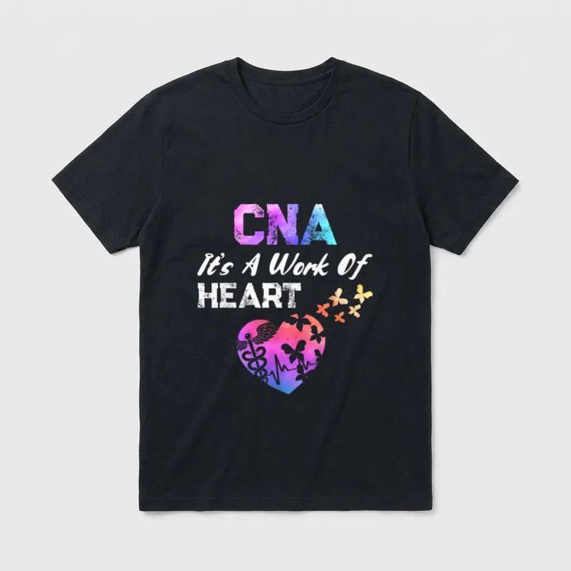 Certified Nurses Assistant T-Shirt – CNA It's A Work Of HEART text with watercolor caduceus heart – Classic T-Shirt in Black