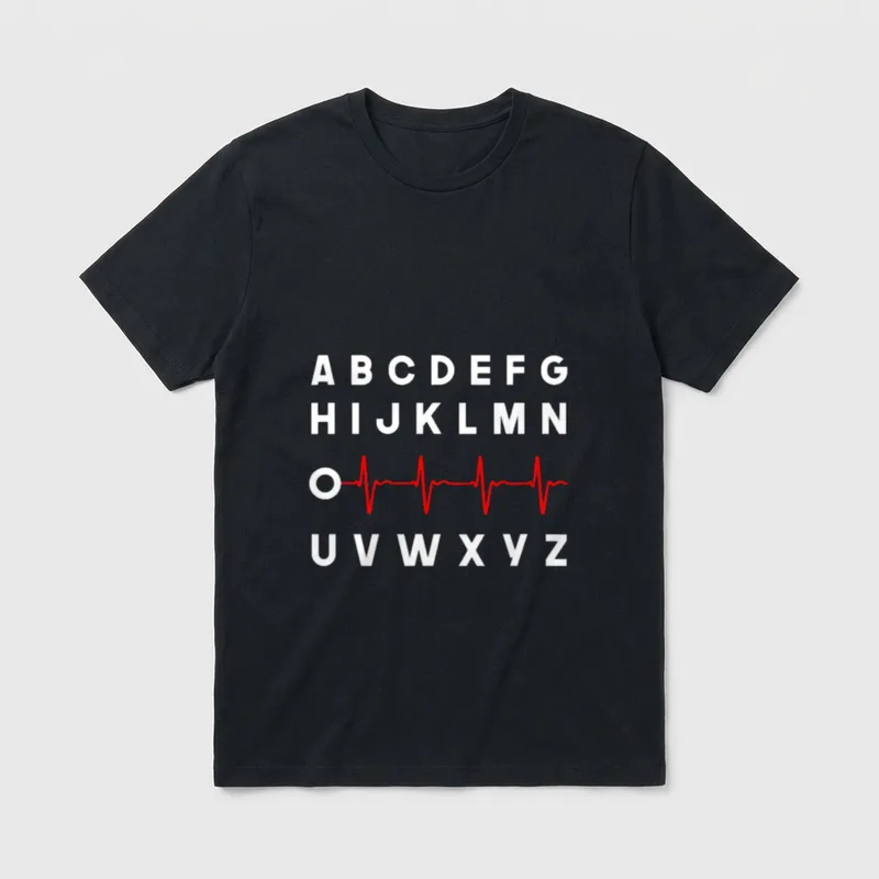 Nurse PQRST T-Shirt – Alphabet letters with a red EKG rhythm tracing – Classic T-Shirt in Black