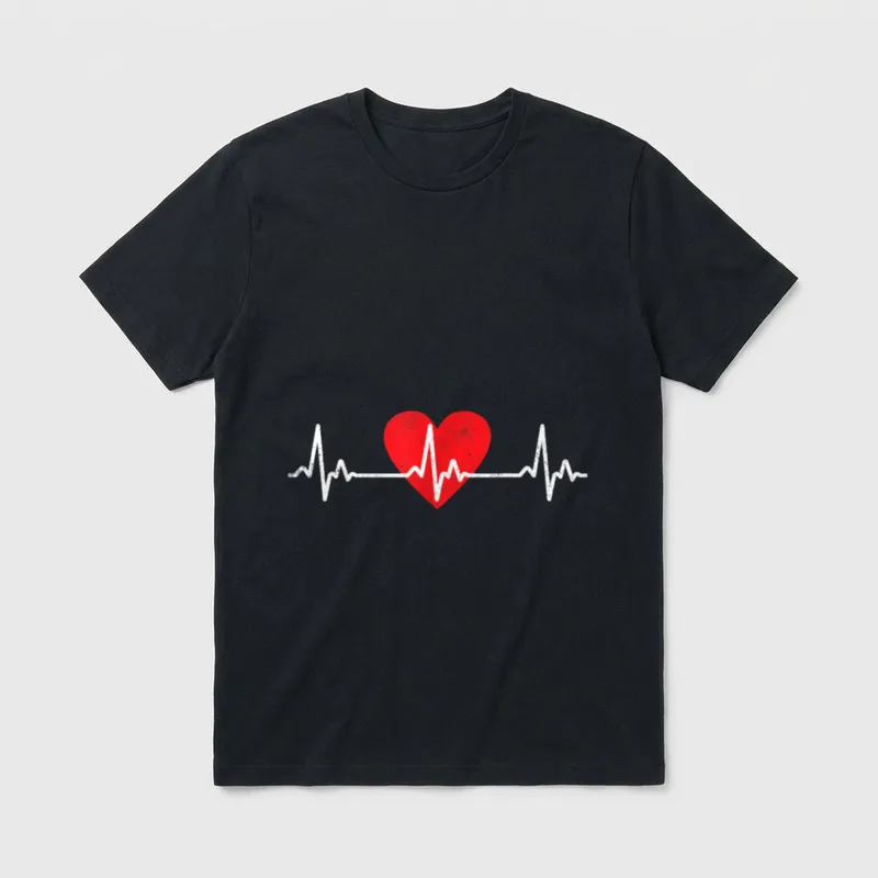 Cardiology Nurse Cardiologist T-Shirt – Distressed red heart with a white heartbeat rhythm line – Classic T-Shirt in Black