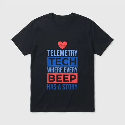 Telemetry Nurse T-Shirt – Red heart with EKG pulse and colorful telemetry tech typography – Classic T-Shirt in Black