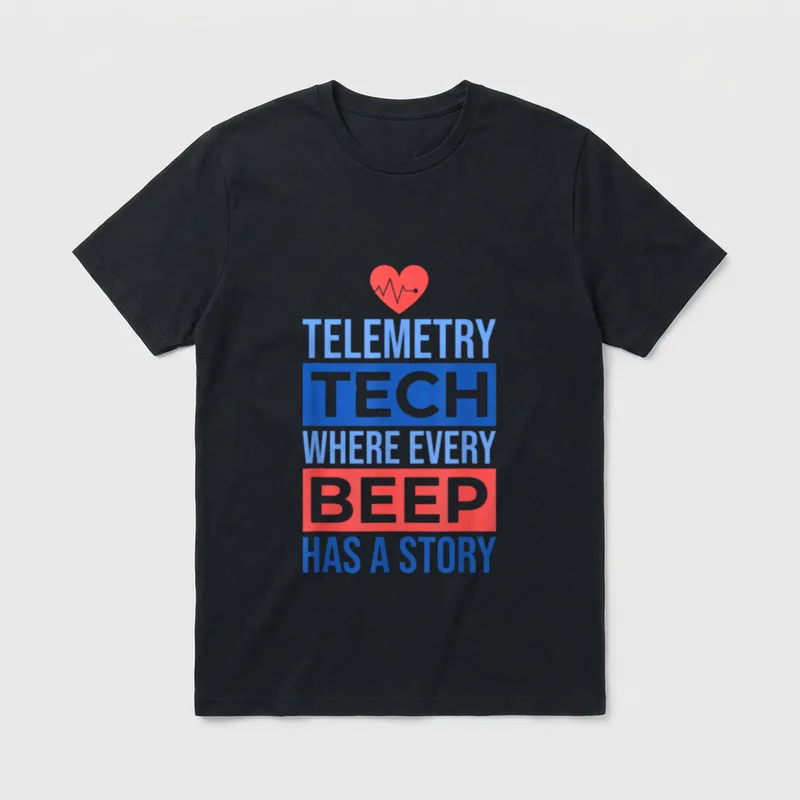 Telemetry Nurse T-Shirt – Red heart with EKG pulse and colorful telemetry tech typography – Classic T-Shirt in Black