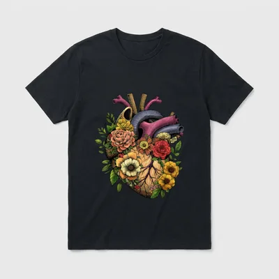 Anatomical Heart Nurse T-Shirt – Anatomical heart entwined with blooming flowers and foliage – Classic T-Shirt in Black