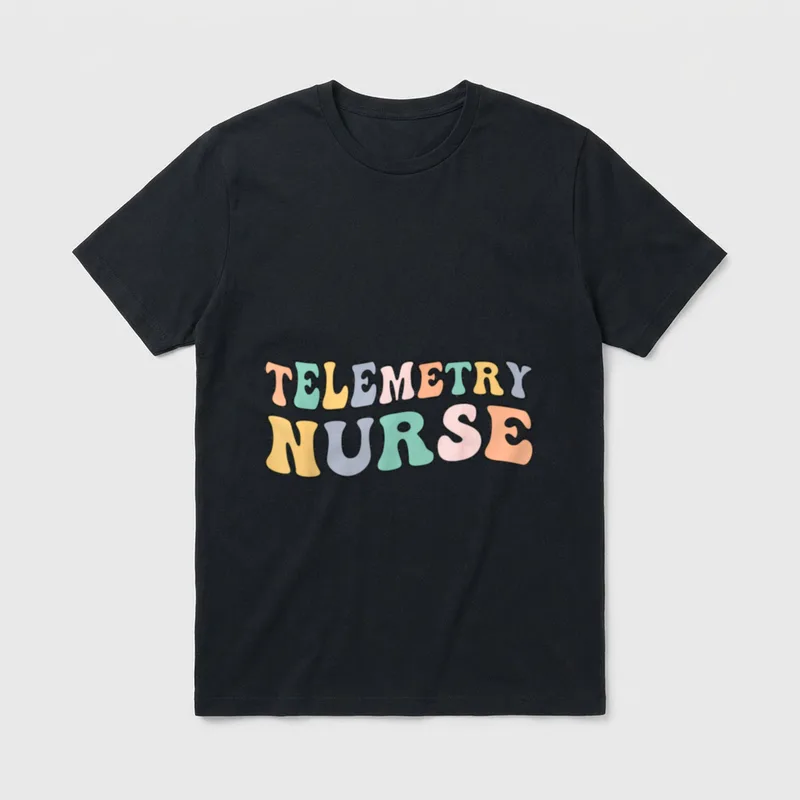 Groovy Telemetry Nurse Unit T-Shirt – Wavy multi-colored letters spelling TELEMETRY NURSE – Classic T-Shirt in Black