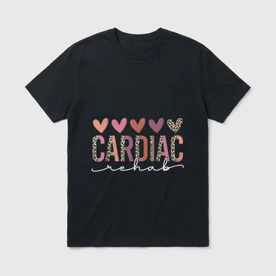 Cardiology Rehab Nurse T-Shirt – Leopard print hearts above CARDIAC lettering and rehab script – Classic T-Shirt in Black