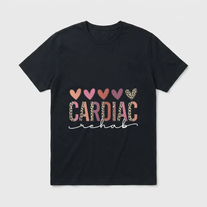 Cardiology Rehab Nurse T-Shirt – Leopard print hearts above CARDIAC lettering and rehab script – Classic T-Shirt in Black