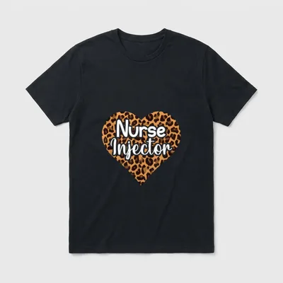 Nurse Injector Leopard Heart T-Shirt – Leopard print heart with white Nurse Injector lettering – Classic T-Shirt in Black