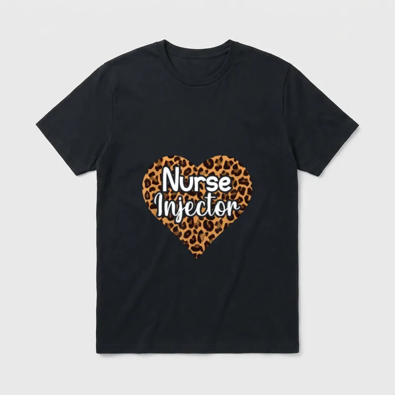 Nurse Injector Leopard Heart T-Shirt – Leopard print heart with white Nurse Injector lettering – Classic T-Shirt in Black