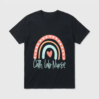 Cardiac Nurse Cath Lab Nursing T-Shirt – Cath Lab Nurse below a rainbow with hearts – Classic T-Shirt in Black