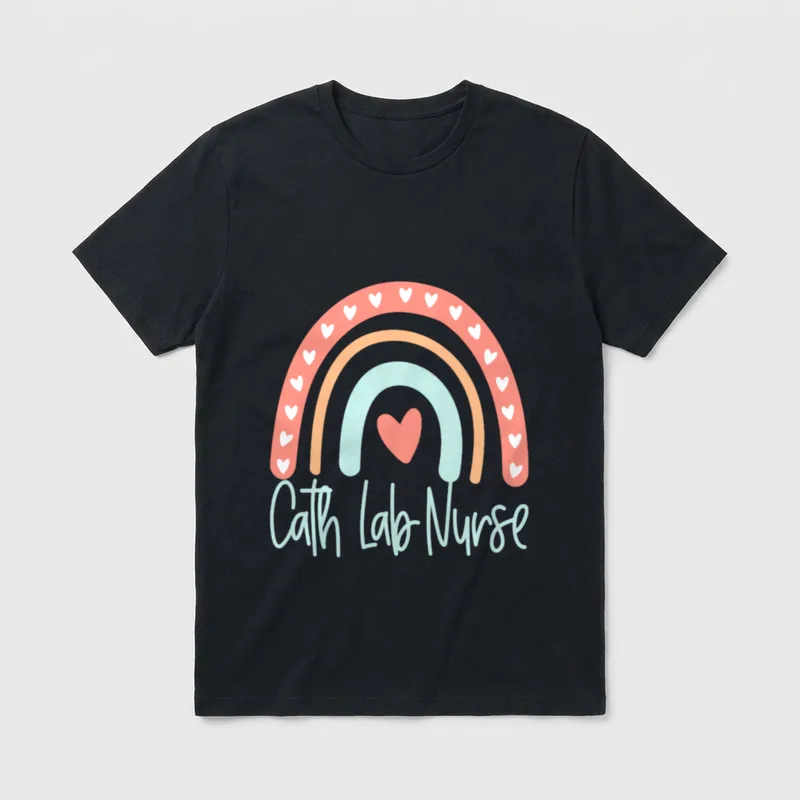 Cardiac Nurse Cath Lab Nursing T-Shirt – Cath Lab Nurse below a rainbow with hearts – Classic T-Shirt in Black