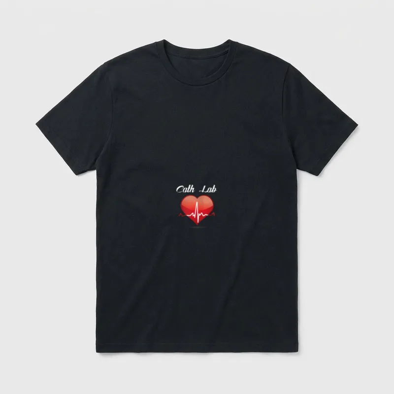 Cath Lab Nurse Heart Heartbeat Love T-Shirt – Glossy red heart with pulse line and Cath Lab text – Classic T-Shirt in Black