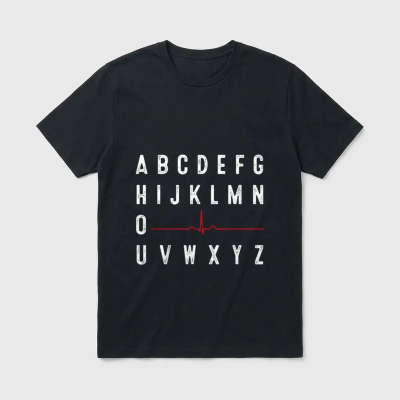 PQRST Nurses Day T-Shirt – Alphabet lettering with red cardiac cycle line replacing PQRST – Classic T-Shirt in Black