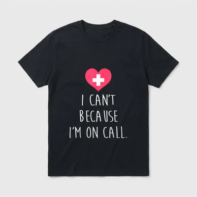 Cath Lab Nurse Tech T-Shirt – Pink heart with white cross and I CAN'T BECAUSE I'M ON CALL text – Classic T-Shirt in Black