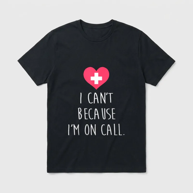 Cath Lab Nurse Tech T-Shirt – Pink heart with white cross and I CAN'T BECAUSE I'M ON CALL text – Classic T-Shirt in Black