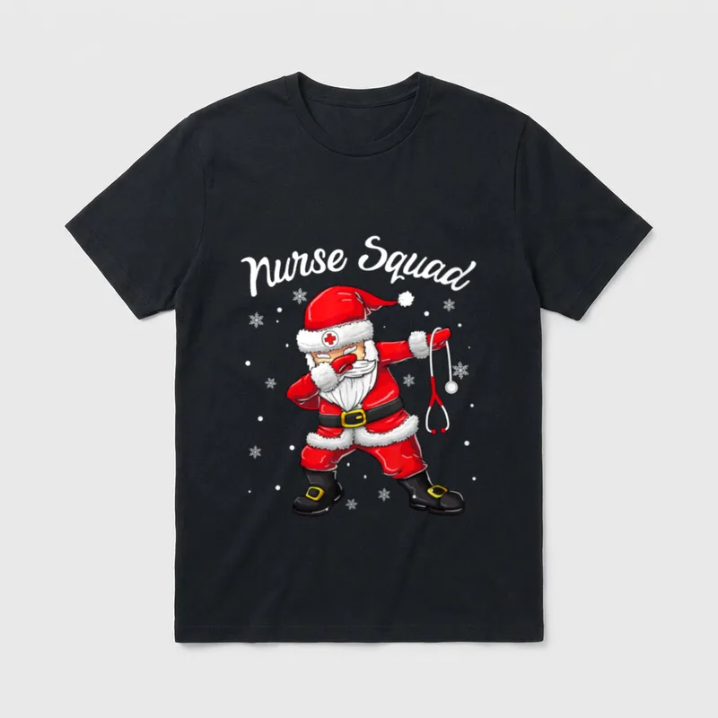 Funny Nurse Christmas Shirt – Dabbing Santa holding a stethoscope with Nurse Squad lettering – Classic T-Shirt in Black