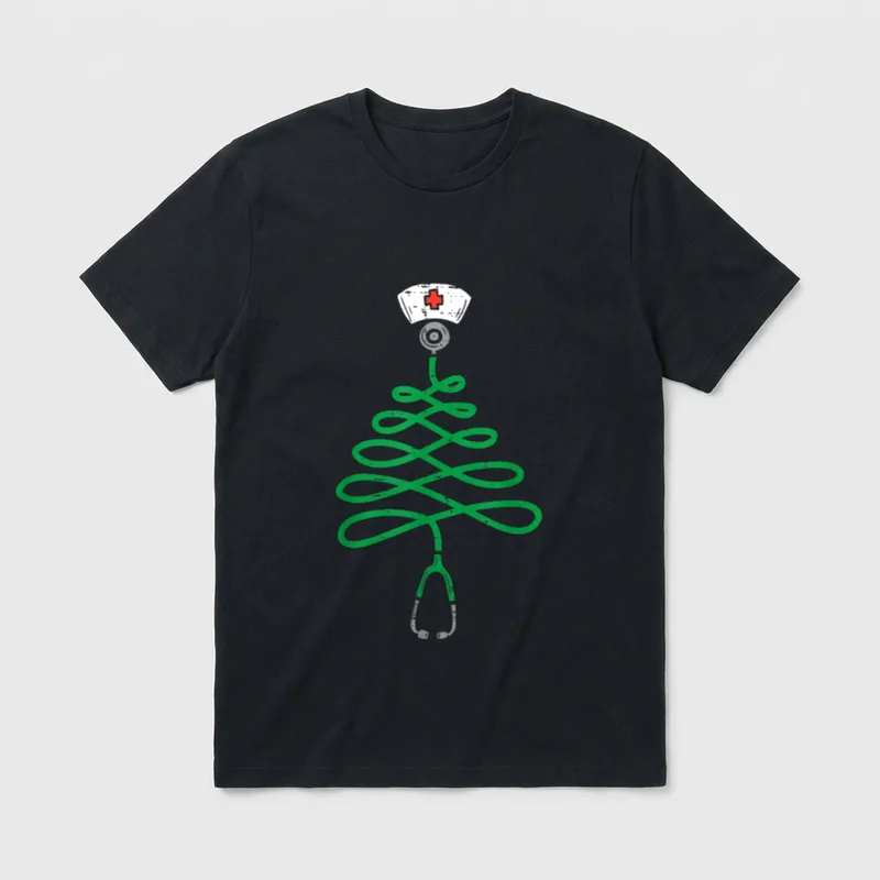 Stethoscope Christmas Tree Nurse Xmas T-Shirt – Classic T-Shirt in Black