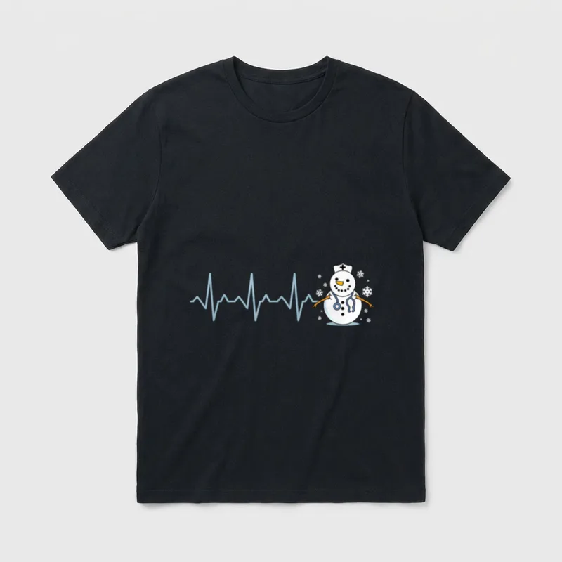 Snowman Heartbeat Nurse Christmas T-Shirt – Classic T-Shirt in Black