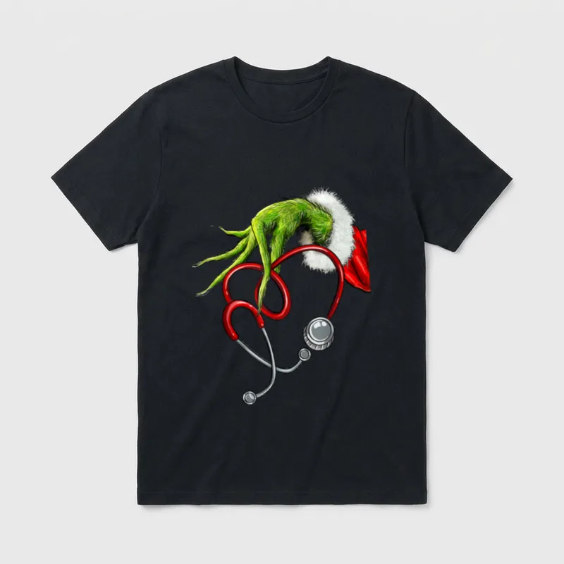 Nursing Christmas Shirt – Green furry hand holding a red stethoscope looped as a heart – Classic T-Shirt in Black