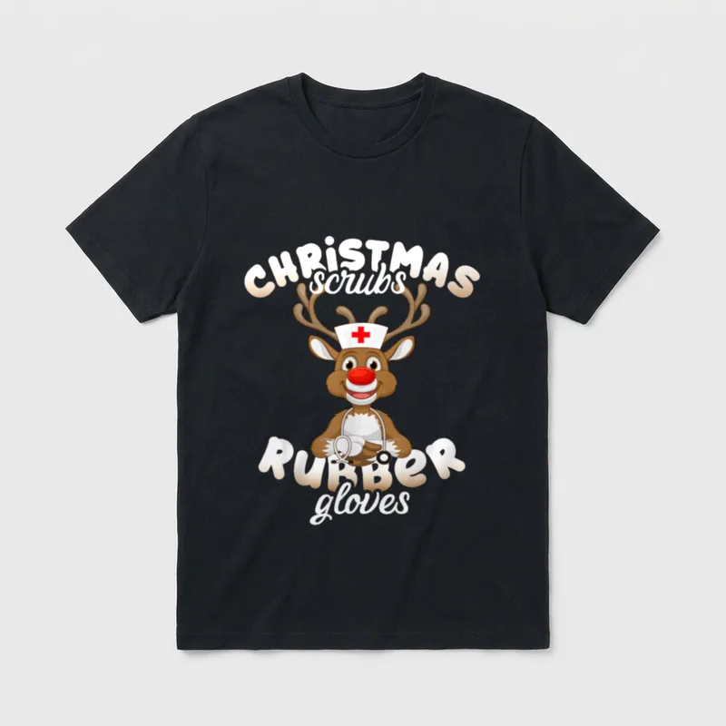 Christmas Reindeer Scrubs Rubber Gloves Wearing T-Shirt – Classic T-Shirt in Black