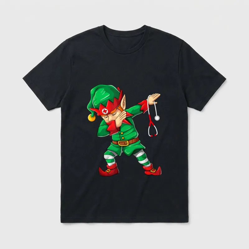 Dabbing Elf Christmas Funny Nurse T-Shirt – Cartoon elf dabbing while holding a stethoscope – Classic T-Shirt in Black