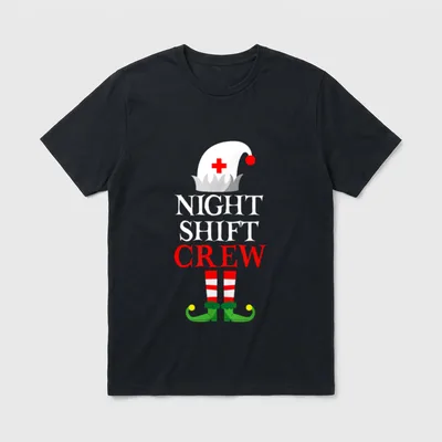 Elf Nursing T-Shirt – Nurse elf cap, NIGHT SHIFT CREW text, and striped elf shoes – Classic T-Shirt in Black