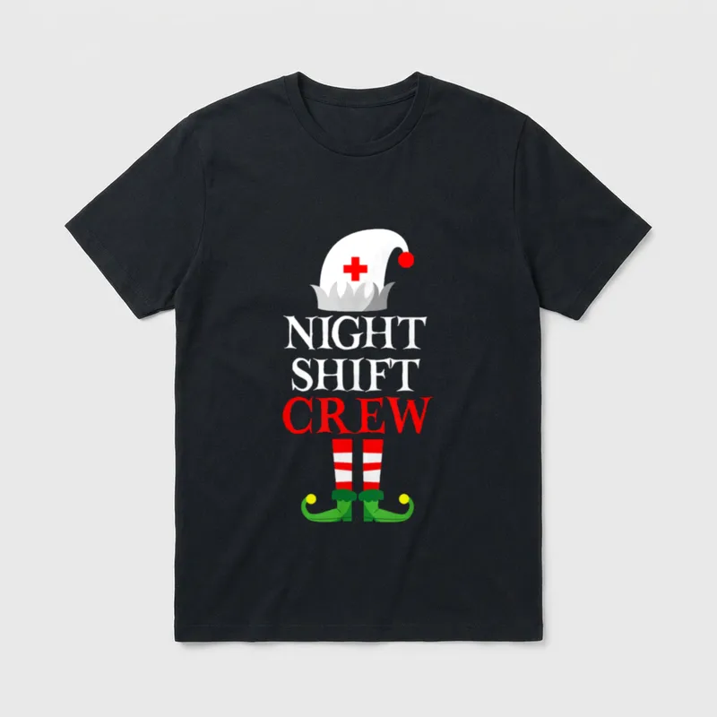 Elf Nursing T-Shirt – Nurse elf cap, NIGHT SHIFT CREW text, and striped elf shoes – Classic T-Shirt in Black
