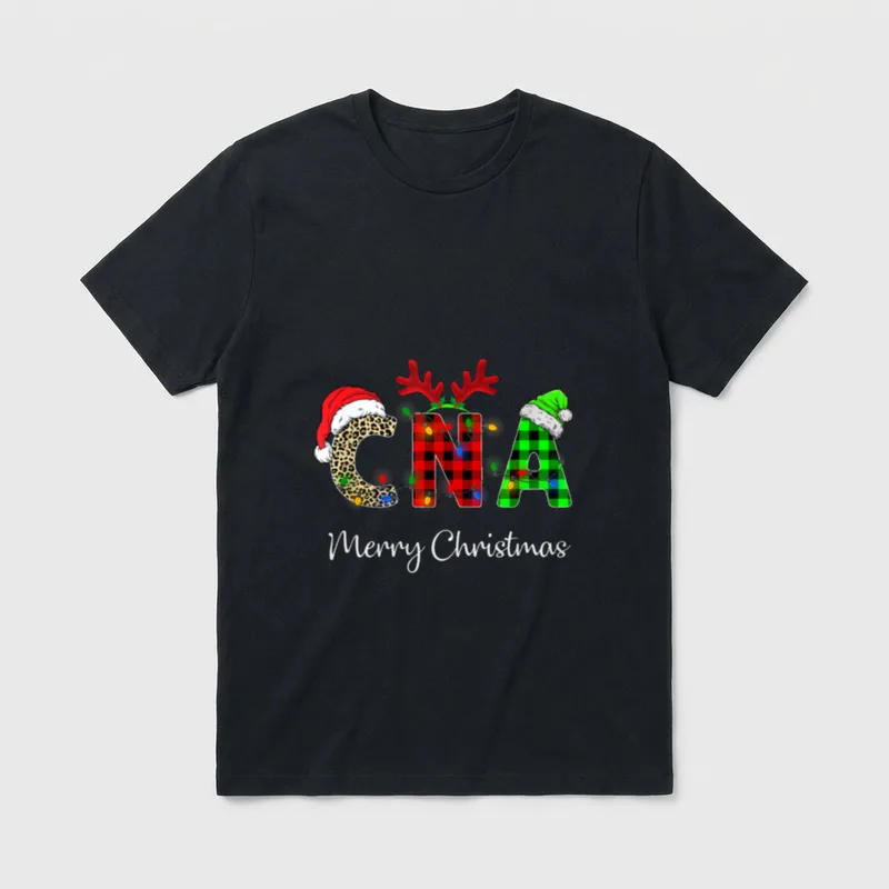 Leopard Red Plaid CNA Nursing Santa T-Shirt – CNA Merry Christmas – Classic T-Shirt in Black