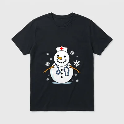 Nurse Snowman Christmas T-Shirt – Snowman wearing a nurse cap and stethoscope with snowflakes – Classic T-Shirt in Black