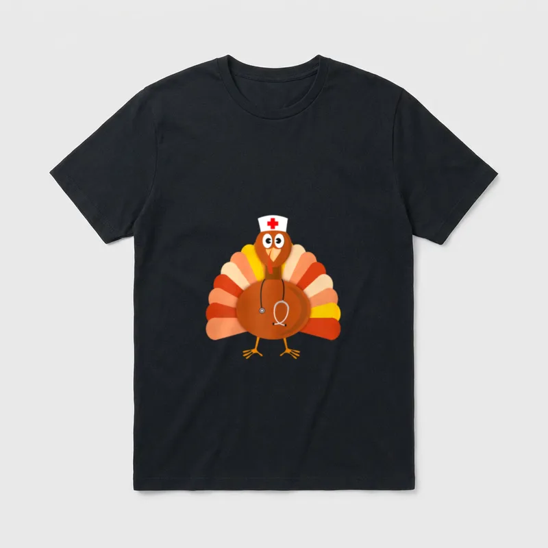 Holiday Nurse Top T-Shirt – Cartoon turkey wearing a white nurse cap and stethoscope – Classic T-Shirt in Black